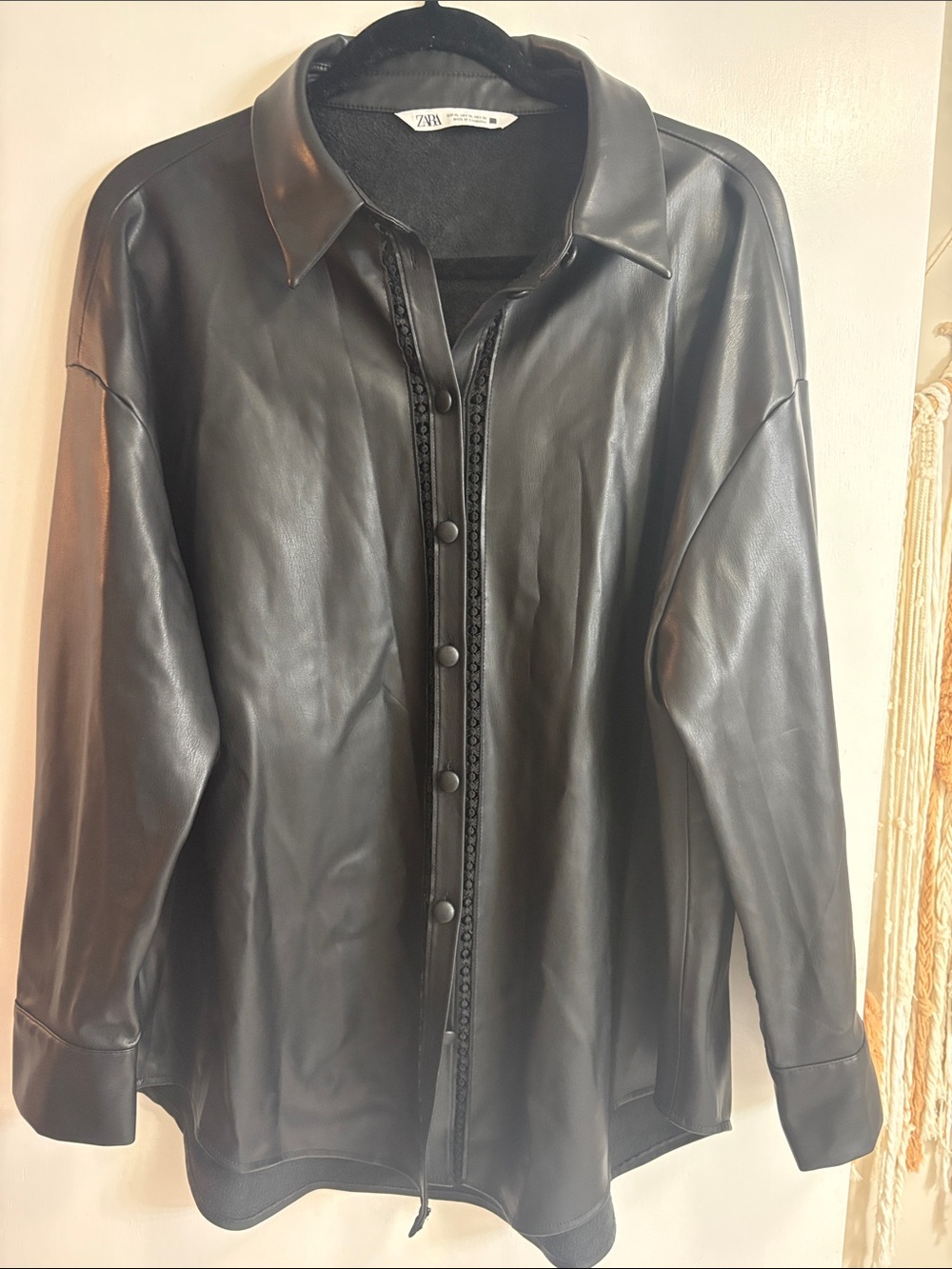 Zara Black Faux Leather Button-Up Shirt Jacket